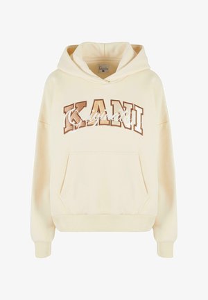 Helle Kapuzenjacke in Cremefarbe mit „KANI“ in braunen Buchstaben und weißem, kursivem Text. Enthält eine Fronttasche sowie gerippte Bündchen und Saum.