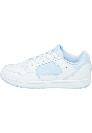 White sneaker with light blue accents, smooth leather upper, perforated toe box, flat white laces, cushioned collar, and logo detail.