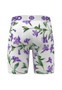 Calzoncillos tipo bóxer blancos para hombre con estampado floral de flores moradas y hojas verdes, con una cinturilla blanca sólida con la etiqueta "PSD" en morado.