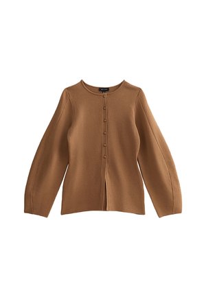 Cardigan marron en tissu doux, doté d'un col rond, d'une fermeture à boutons sur le devant et de manches décontractées légèrement évasées.