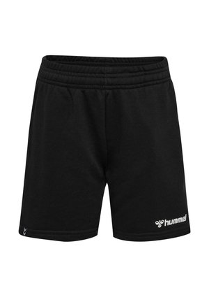 Sort træningsshorts med elastisk linning og et lille hvidt Hummel-logo trykt på det nederste venstre ben.