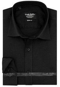 Zwarte slim-fit shirt van een gestructureerde stof, met een opstaande kraag en lange mouwen. Inclusief knopen en een logo-accent op de manchetten.