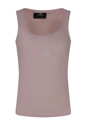 Débardeur en maille côtelée sans manches de couleur mauve douce avec un col carré et un petit logo blanc PXP centré sur la poitrine.