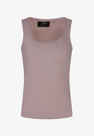 Débardeur en maille côtelée sans manches de couleur mauve douce avec un col carré et un petit logo blanc PXP centré sur la poitrine.