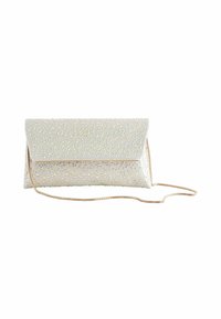 Perlenhandtasche in hellbeige mit Klappverschluss. Verfügt über schimmernde Verzierungen, ein elegantes Design und einen goldenen Kettenriemen.