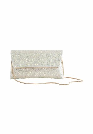 Borsa a tracolla con perline in beige chiaro con chiusura a pattina. Presenta decorazioni iridescenti, un design elegante e una tracolla dorata.