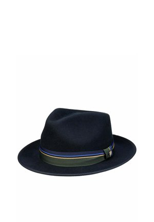 Black fedora hat with a wide brim and a green, blue, and yellow striped ribbon band around the base of the crown.