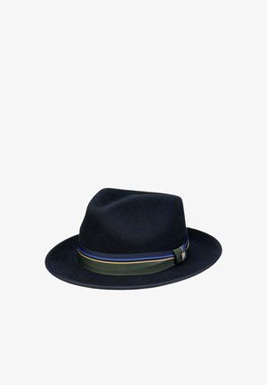 Black fedora hat with a wide brim and a green, blue, and yellow striped ribbon band around the base of the crown.
