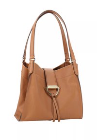 Brown leather handbag with two shoulder straps, a curved shape, a front flap, and a silver hardware accent. Smooth texture with minimal detailing.