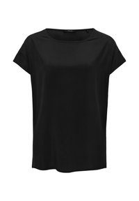 Top nero a maniche corte con scollo rotondo, realizzato in tessuto morbido. Presenta una vestibilità ampia e un orlo curvo nella parte inferiore.