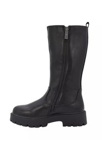 Botas de cuero negro hasta la rodilla con cremallera lateral, suela gruesa y textura suave, que cuentan con una pestaña en la parte superior para facilitar el uso.