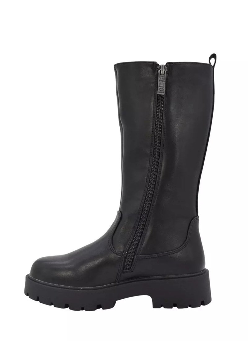 Botas de cuero negro hasta la rodilla con cremallera lateral, suela gruesa y textura suave, que cuentan con una pestaña en la parte superior para facilitar el uso.