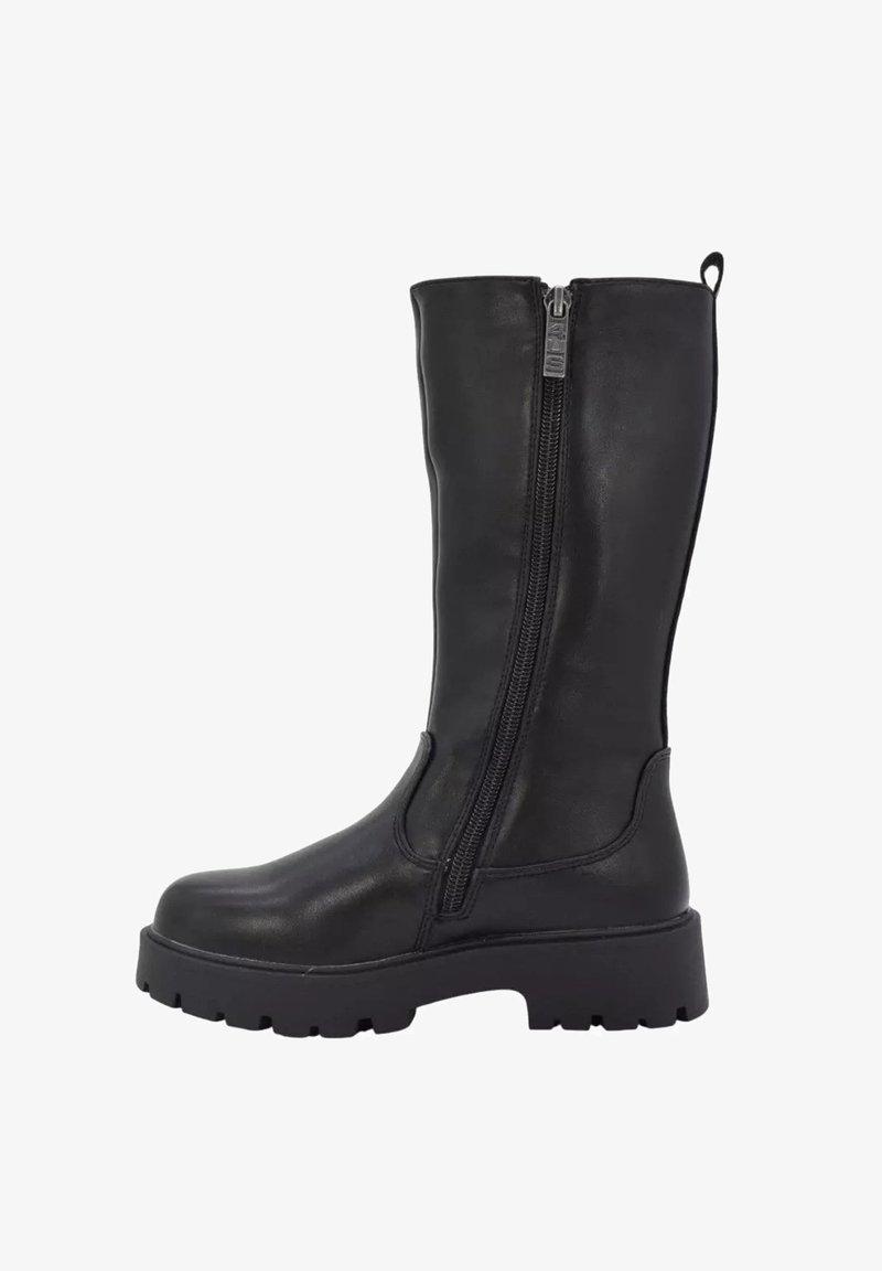 Botas de cuero negro hasta la rodilla con cremallera lateral, suela gruesa y textura suave, que cuentan con una pestaña en la parte superior para facilitar el uso.