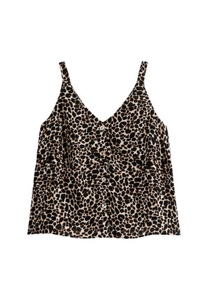 Black and beige leopard print camisole with a deep V-neck, thin adjustable straps, and five buttons down the front. Soft fabric texture.