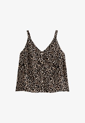 Svart och beige leopardmönstrad topp med djup V-halsringning, tunna justerbara axelband och fem knappar fram. Mjuk tygstruktur.