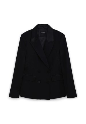 Blazer doppio petto nero in tessuto liscio, con rever in raso, due tasche frontali e dettagli con bottoni. Nessun motivo visibile.