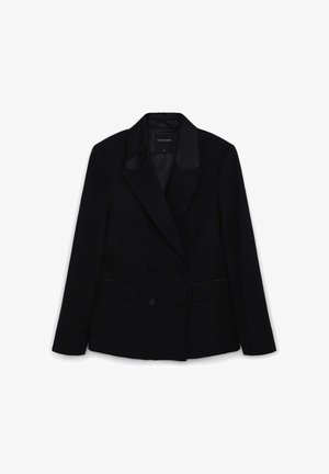 Schwarzes, doppelt geknöpftes Blazer aus glattem Stoff, mit satinierten Revers, zwei vorderen Taschen und Knopfakzenten. Keine Muster sichtbar.