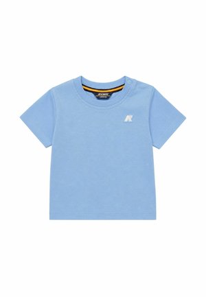 Maglietta per neonati azzurro chiaro a maniche corte con collo tondo, piccolo logo bianco sul petto e bottone a pressione sulla spalla, taglia 6 mesi.