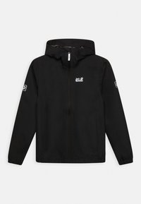 Black waterproof jacket with a hood, full zip, elastic cuffs, and side pockets. Features a white logo on the chest and sleeve.