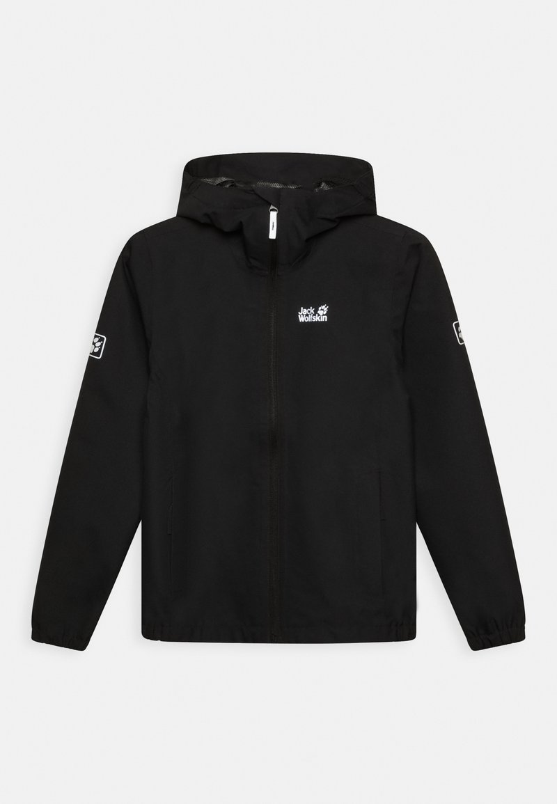 Black waterproof jacket with a hood, full zip, elastic cuffs, and side pockets. Features a white logo on the chest and sleeve.