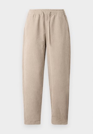 Beige Corduroyhosen mit elastischem Bund und Kordelzug, ausgestattet mit vertikal geripptem Textur und schmal zulaufenden Beinen.