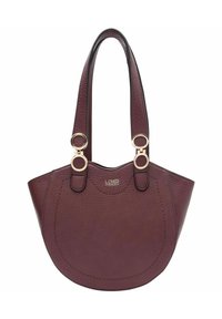 Borsa tote in pelle bordeaux con doppi dettagli in metallo dorato, forma arrotondata, superficie texturizzata e manici corti e piatti per il trasporto.