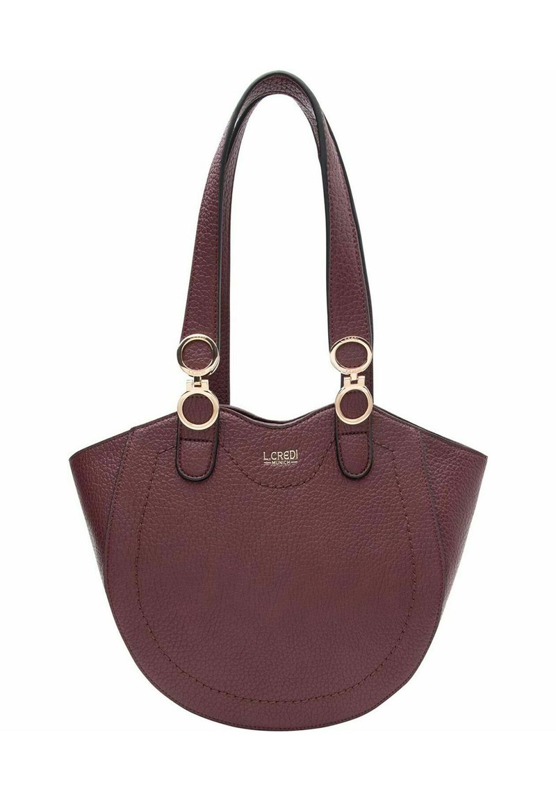 Borsa tote in pelle bordeaux con doppi dettagli in metallo dorato, forma arrotondata, superficie texturizzata e manici corti e piatti per il trasporto.