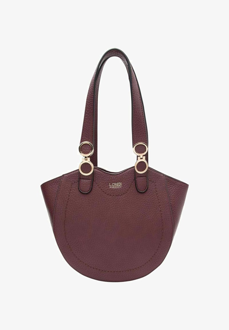 Borsa tote in pelle bordeaux con doppi dettagli in metallo dorato, forma arrotondata, superficie texturizzata e manici corti e piatti per il trasporto.