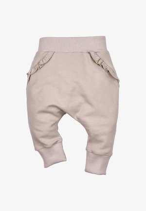 Beige Baumwoll-Hosen für Kleinkinder mit einem gerippten Bund und Bündchen. Verfügt über Rüschendetails an den Seitentaschen für zusätzliche Akzente.