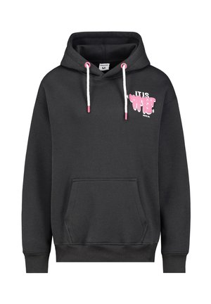 Schwarzer Hoodie aus Baumwollmischung, mit einer vorderen Tasche, Kordeln mit pinken Spitzen und einem pinken Grafdruck. Gerippte Bündchen und Saum.