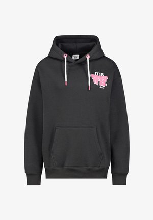 Schwarzer Hoodie aus Baumwollmischung, mit einer vorderen Tasche, Kordeln mit pinken Spitzen und einem pinken Grafdruck. Gerippte Bündchen und Saum.