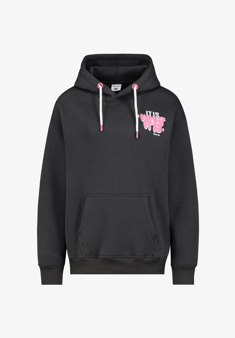 Black hoodie made of cotton blend, featuring a front pocket, drawstrings with pink tips, and a pink graphic print. Ribbed cuffs and hem.