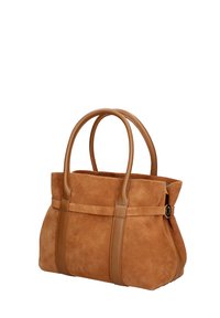 Borsa a mano in camoscio marrone con dettagli in pelle, forma strutturata, due manici superiori e un sottile dettaglio con bottone laterale.