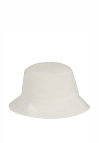 Witte bucket hat gemaakt van zacht, textuurd materiaal. Heeft een brede, naar beneden hellende rand en een naadloze, ronde kroon.