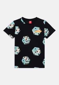 Black t-shirt featuring a pattern of light blue dice with black dots. Crew neck design with a soft texture. Notable logo in orange.