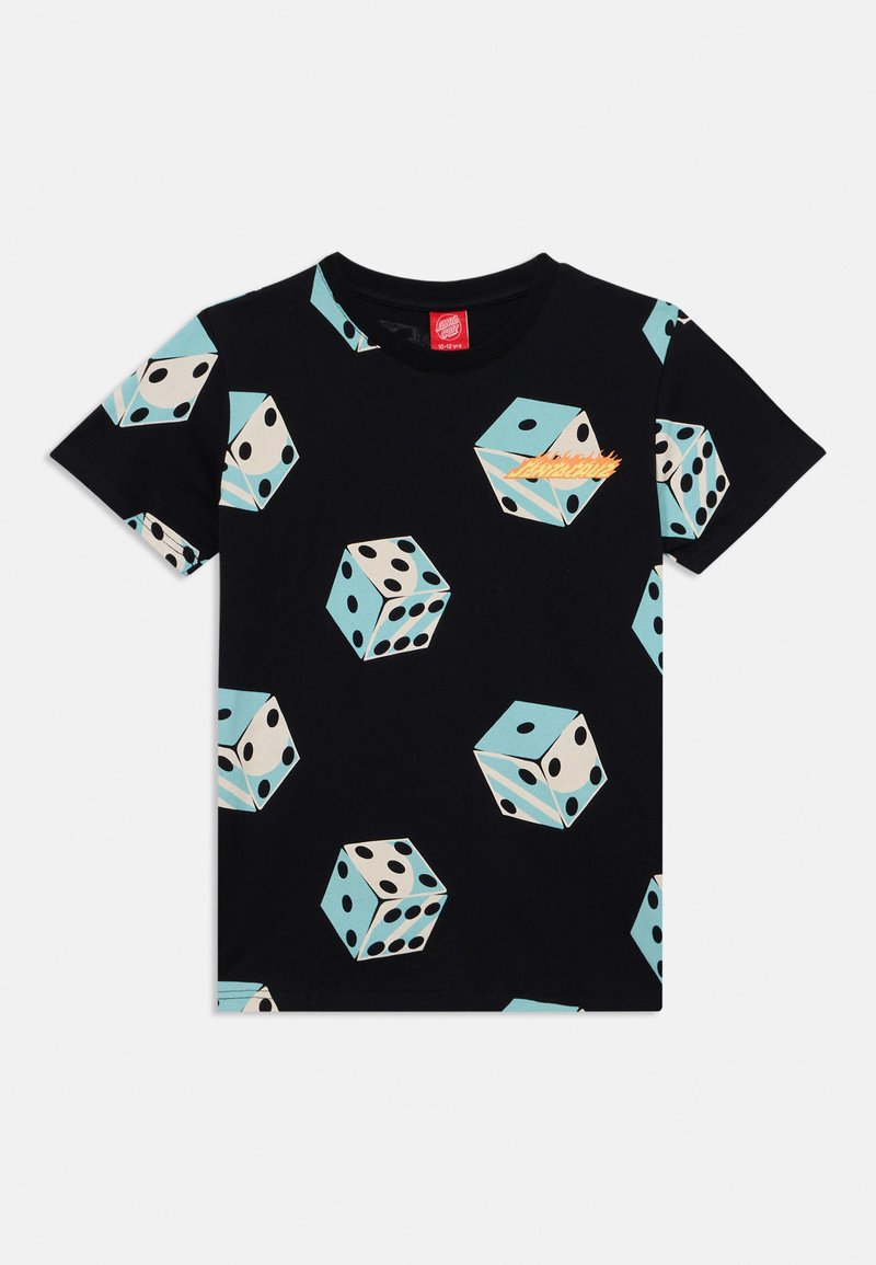 Black t-shirt featuring a pattern of light blue dice with black dots. Crew neck design with a soft texture. Notable logo in orange.