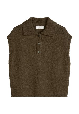 Bruine gebreide mouwloze trui met een kraag en drie knopen aan de voorkant, met het label Marc O’Polo.