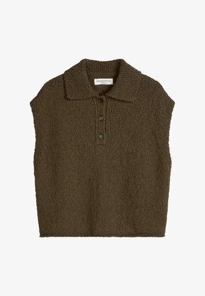 Pull sans manches en maille marron avec col et trois boutons à l'avant, étiquette Marc O'Polo.