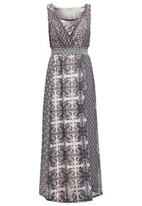 Maxi sukienka z dopasowaną górą i rozkloszowanym dołem. Posiada ciemne wzory kwiatowe, wzorzystą talię oraz okrągły dekolt.