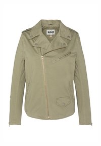 Giacca in cotone verde oliva con colletto a punte, cerniera frontale angolata, tasche laterali e dettagli di cucitura sottili. Inclusa tasca sul petto con cerniera.