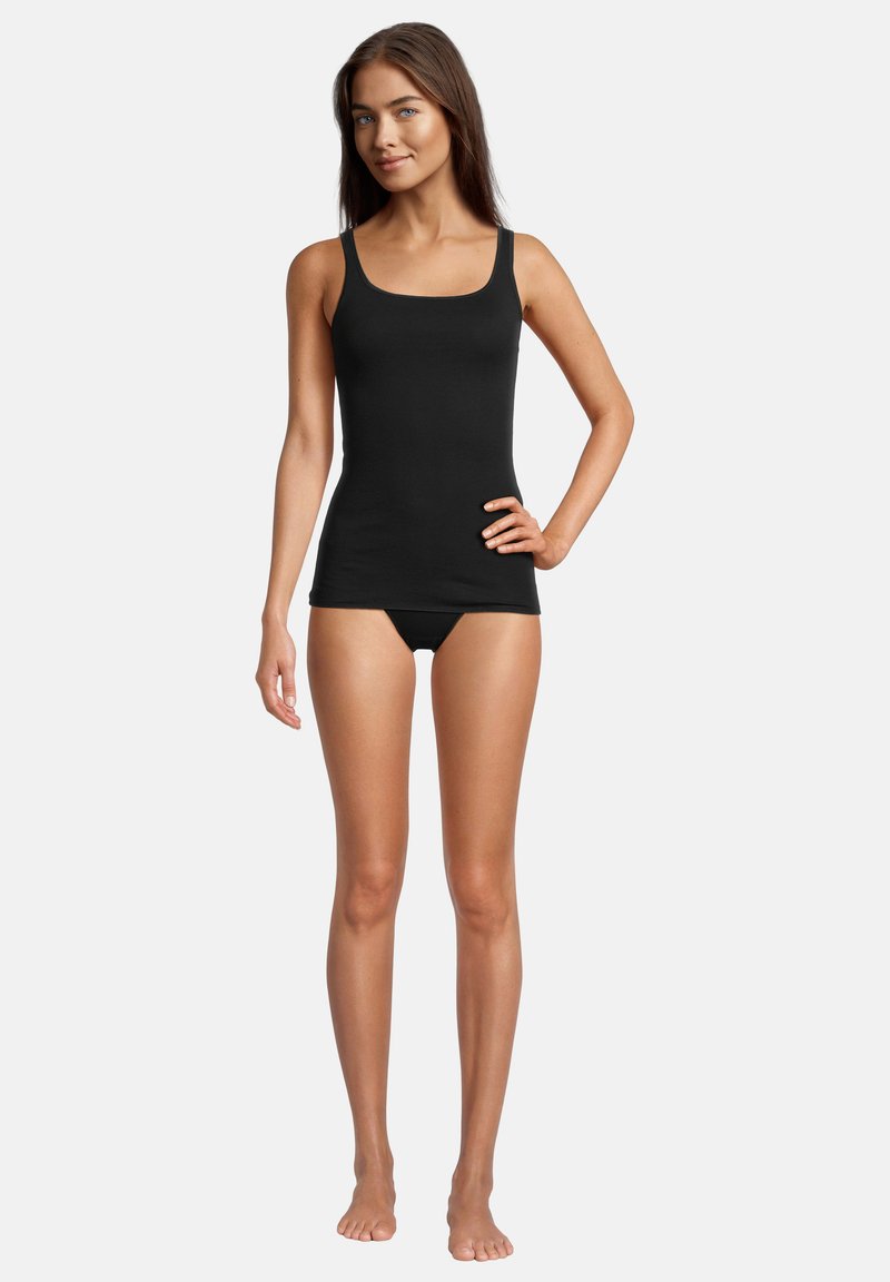 Black fitted tank top with thin straps, made from smooth fabric. Simple design with a round neckline and a mid-length cut.