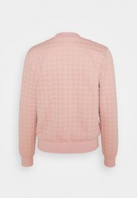 Roze doorgestikte bomberjack met gestructureerd patroon, geribbelde manchetten en zoom, en een ronde kraag. Achteraanzicht toont de stiksel details.