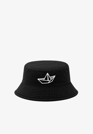 Black bucket hat with a white outline of a paper boat embroidered on the front center.
