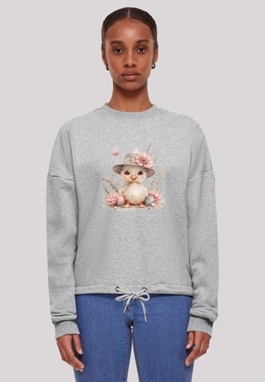 Gray sweatshirt featuring a cute animal graphic in a hat, accented with pink flowers; loose fit and drawstring at the waist.