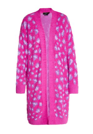 Cardigan fuzzy roz cu buline lila, deschis în față, cu mâneci lungi și mansete din tricot cu bordură. Textură moale cu un croi lejer.
