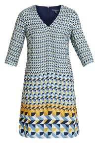 Vestido estampado con escote en V, mangas tres cuartos y una mezcla de diseños geométricos en azul, amarillo y blanco. Material de algodón.