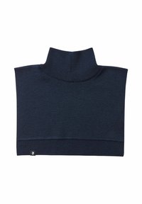 Granatowy golf, prążkowana tekstura, miękki materiał dzianinowy, krótki krój, z małą metką logo przy dolnej krawędzi.