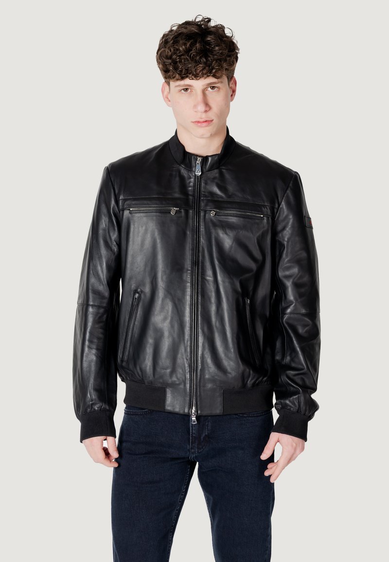 Black leather bomber jacket with a front zip, two chest pockets, and ribbed cuffs. Smooth texture and a fitted silhouette.