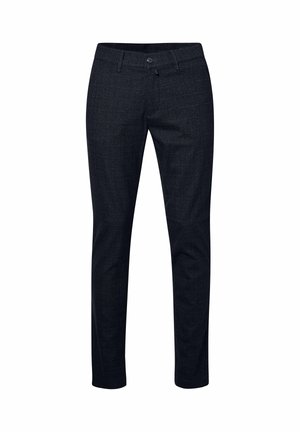 Slim-fit donkergrijze broek met een subtiel ruitpatroon, een ritssluiting en een enkele knoopsluiting. Gladde stof met een lichte glans.