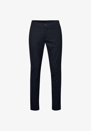 Slim-fit donkergrijze broek met een subtiel ruitpatroon, een ritssluiting en een enkele knoopsluiting. Gladde stof met een lichte glans.